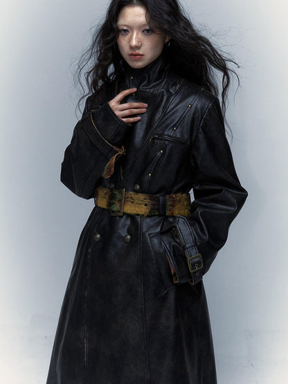 Vintage Reversible Plaid Leather Coat Long Wool Trench Coat