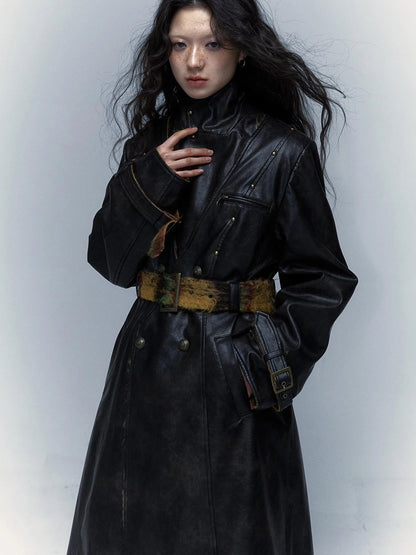 Vintage Reversible Plaid Leather Coat Long Wool Trench Coat