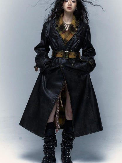 Vintage Reversible Plaid Leather Coat Long Wool Trench Coat