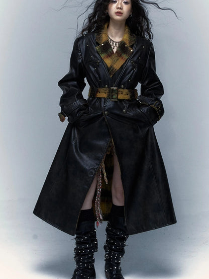 Vintage Reversible Plaid Leather Coat Long Wool Trench Coat