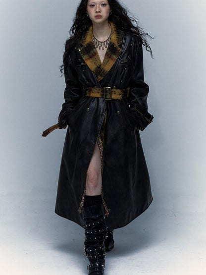 Vintage Reversible Plaid Leather Coat Long Wool Trench Coat
