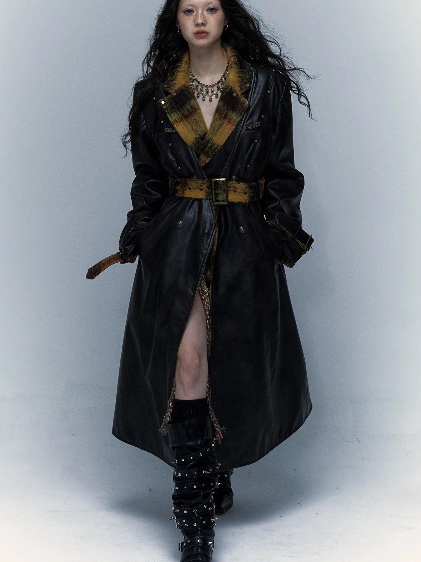 Vintage Reversible Plaid Leather Coat Long Wool Trench Coat
