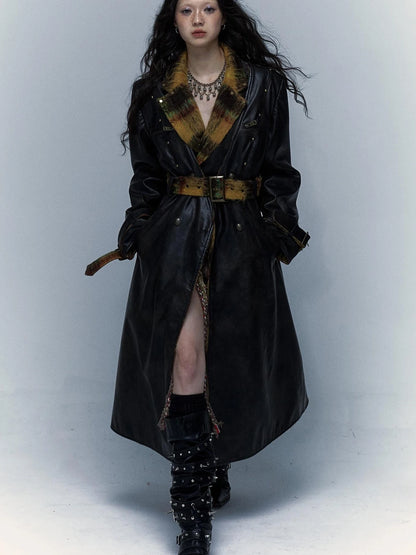 Vintage Reversible Plaid Leather Coat Long Wool Trench Coat