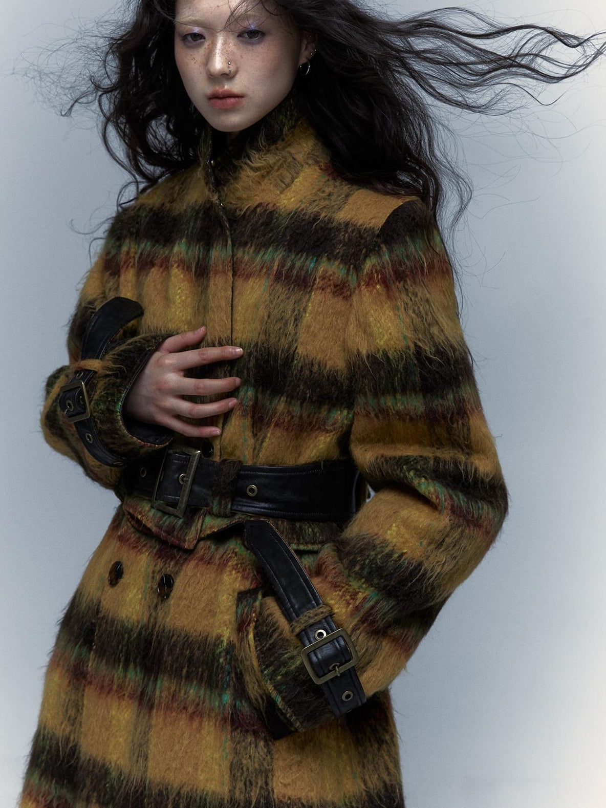 Vintage Reversible Plaid Leather Coat Long Wool Trench Coat