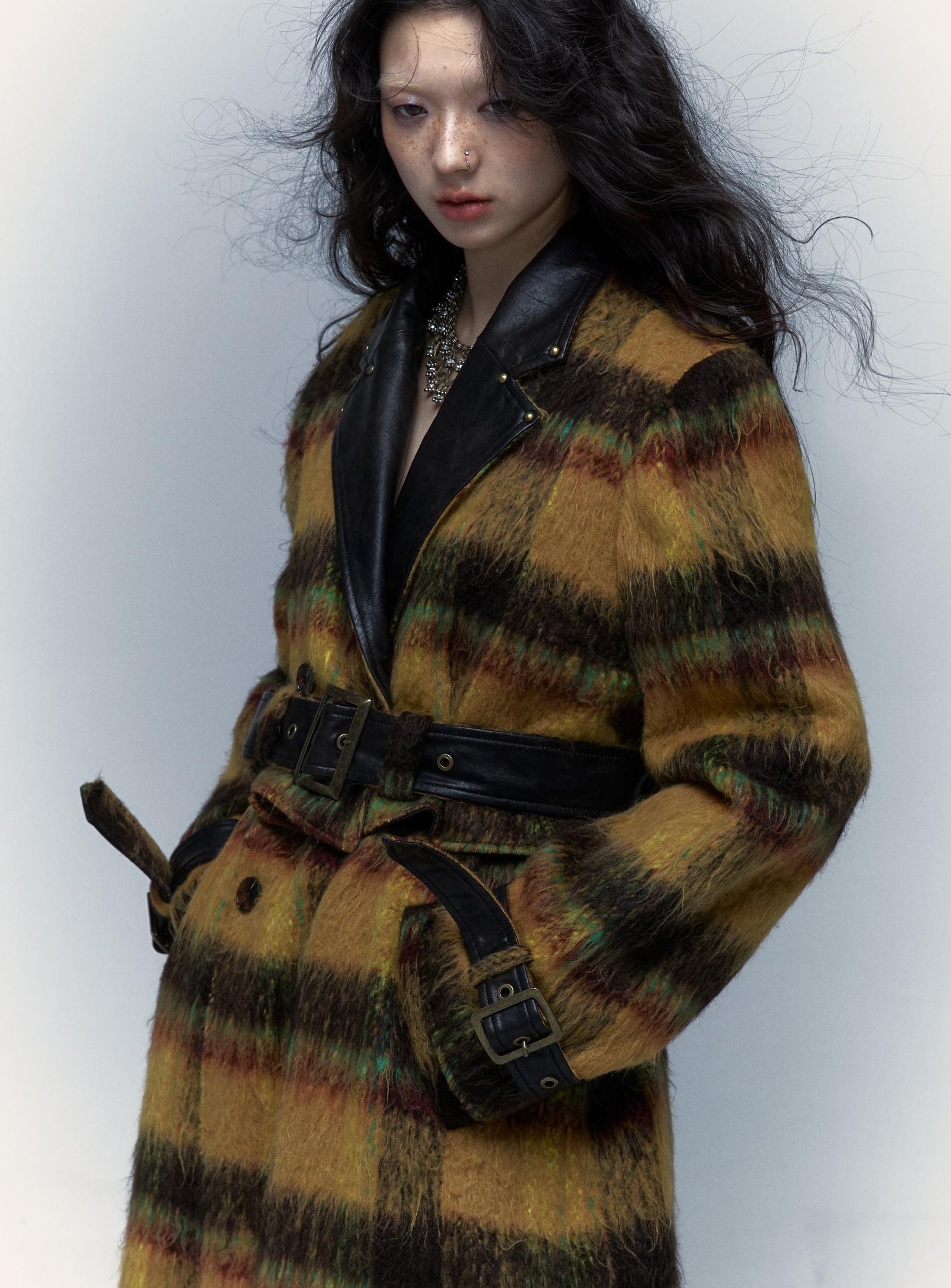 Vintage Reversible Plaid Leather Coat Long Wool Trench Coat