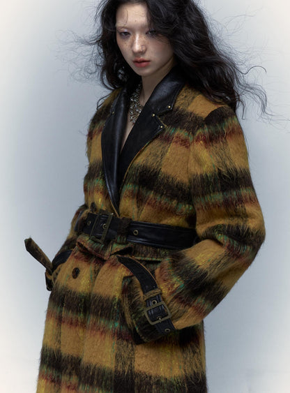 Vintage Reversible Plaid Leather Coat Long Wool Trench Coat