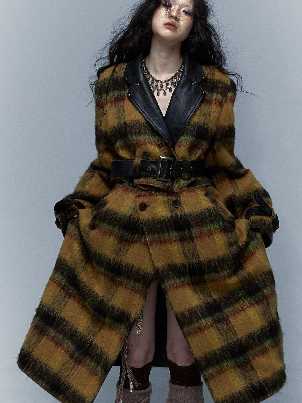 Vintage Reversible Plaid Leather Coat Long Wool Trench Coat