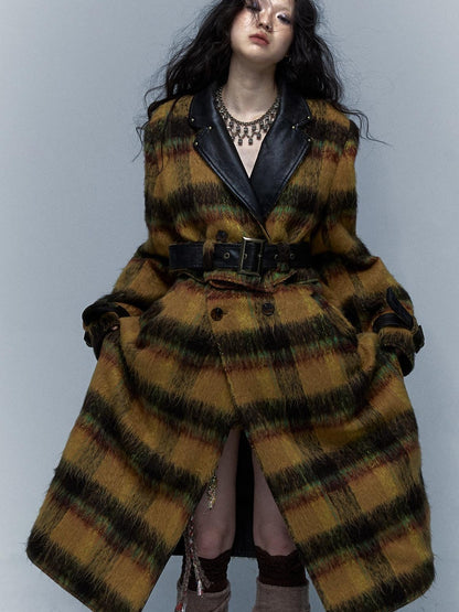 Vintage Reversible Plaid Leather Coat Long Wool Trench Coat