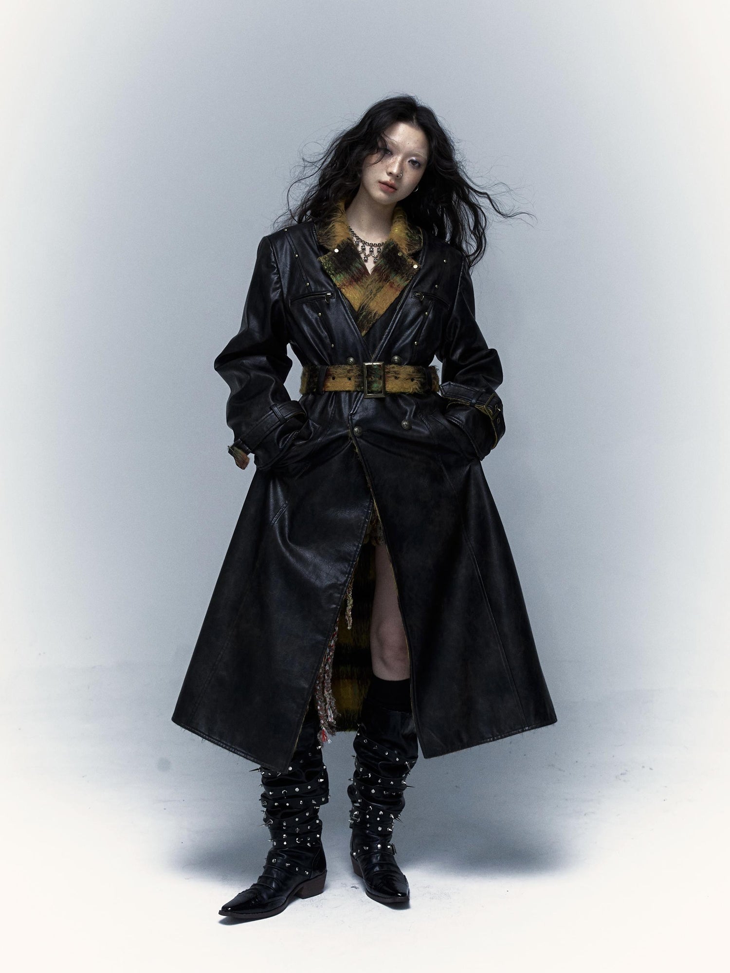Vintage Reversible Plaid Leather Coat Long Wool Trench Coat