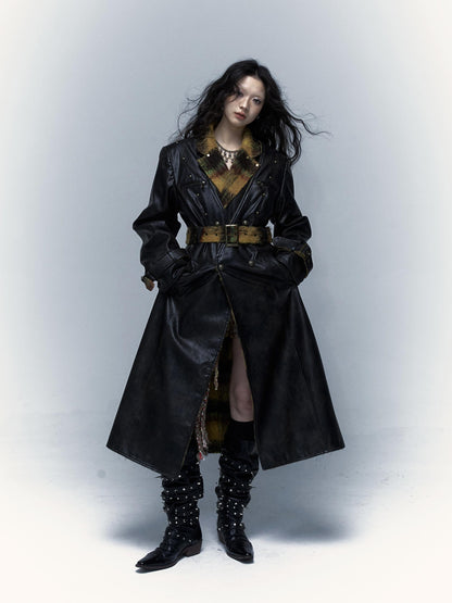 Vintage Reversible Plaid Leather Coat Long Wool Trench Coat