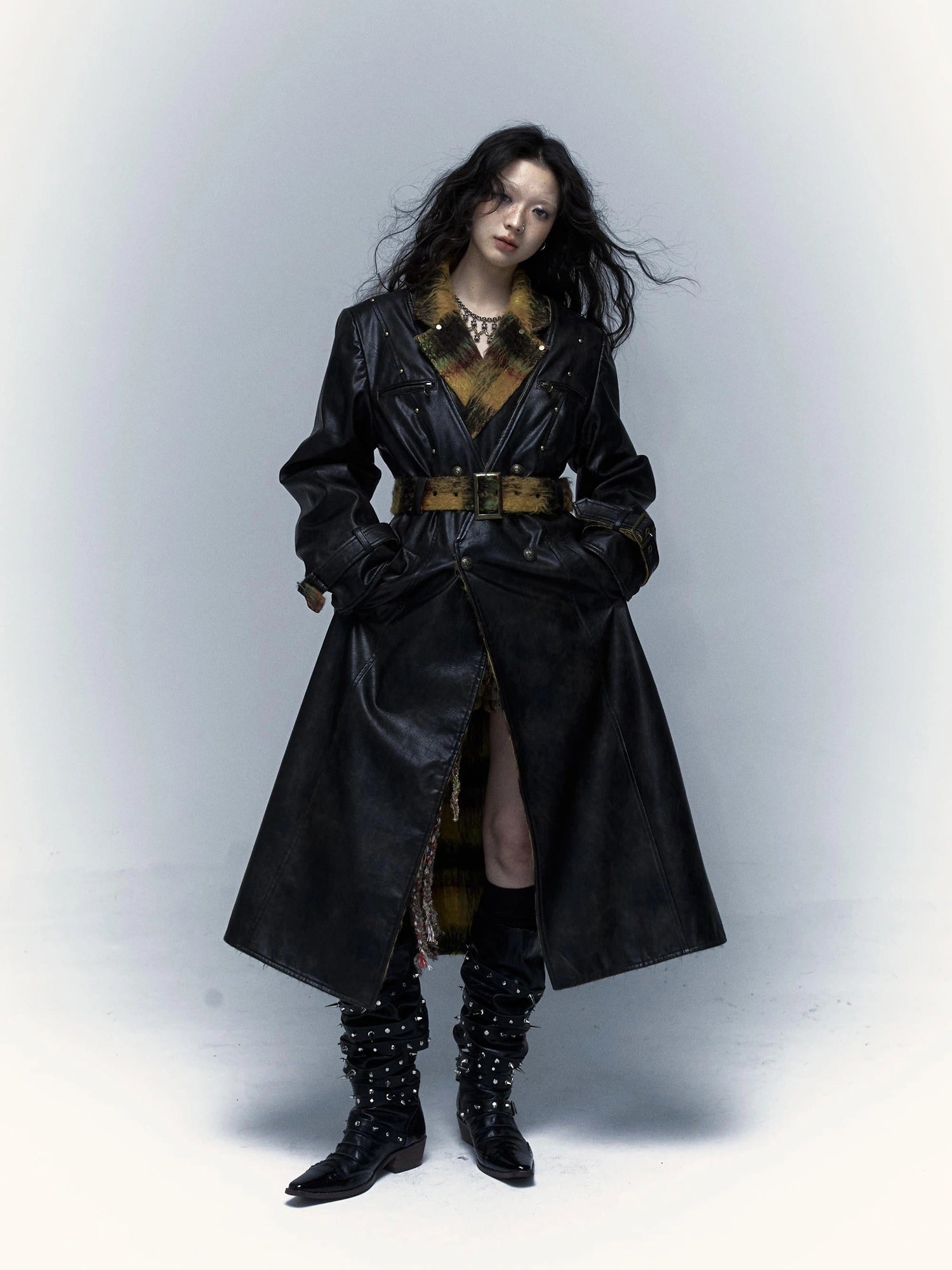 Vintage Reversible Plaid Leather Coat Long Wool Trench Coat