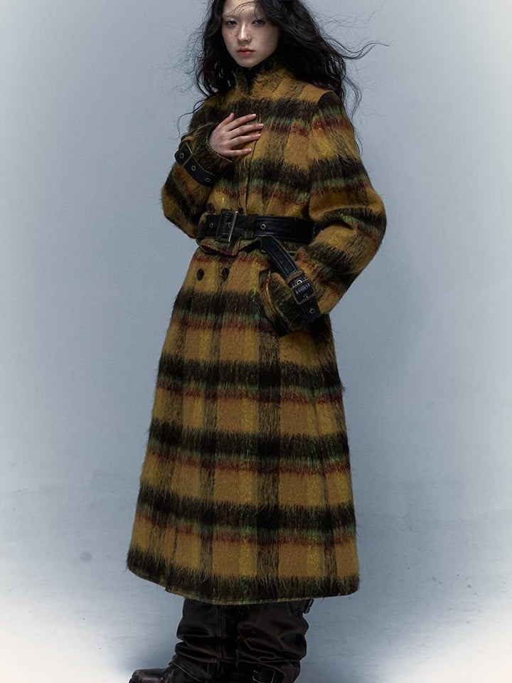 Vintage Reversible Plaid Leather Coat Long Wool Trench Coat