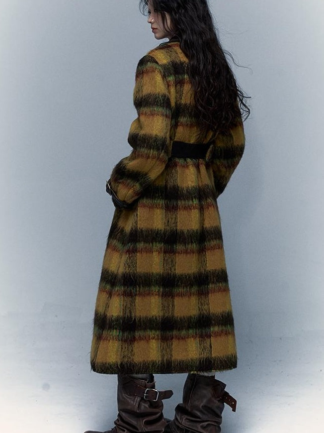 Vintage Reversible Plaid Leather Coat Long Wool Trench Coat