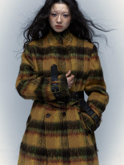 Vintage Reversible Plaid Leather Coat Long Wool Trench Coat