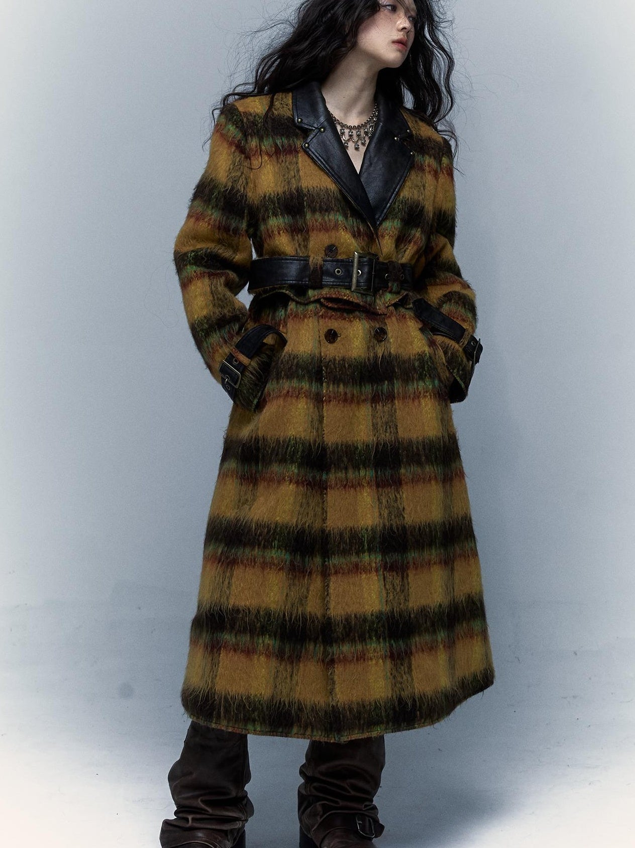 Vintage Reversible Plaid Leather Coat Long Wool Trench Coat