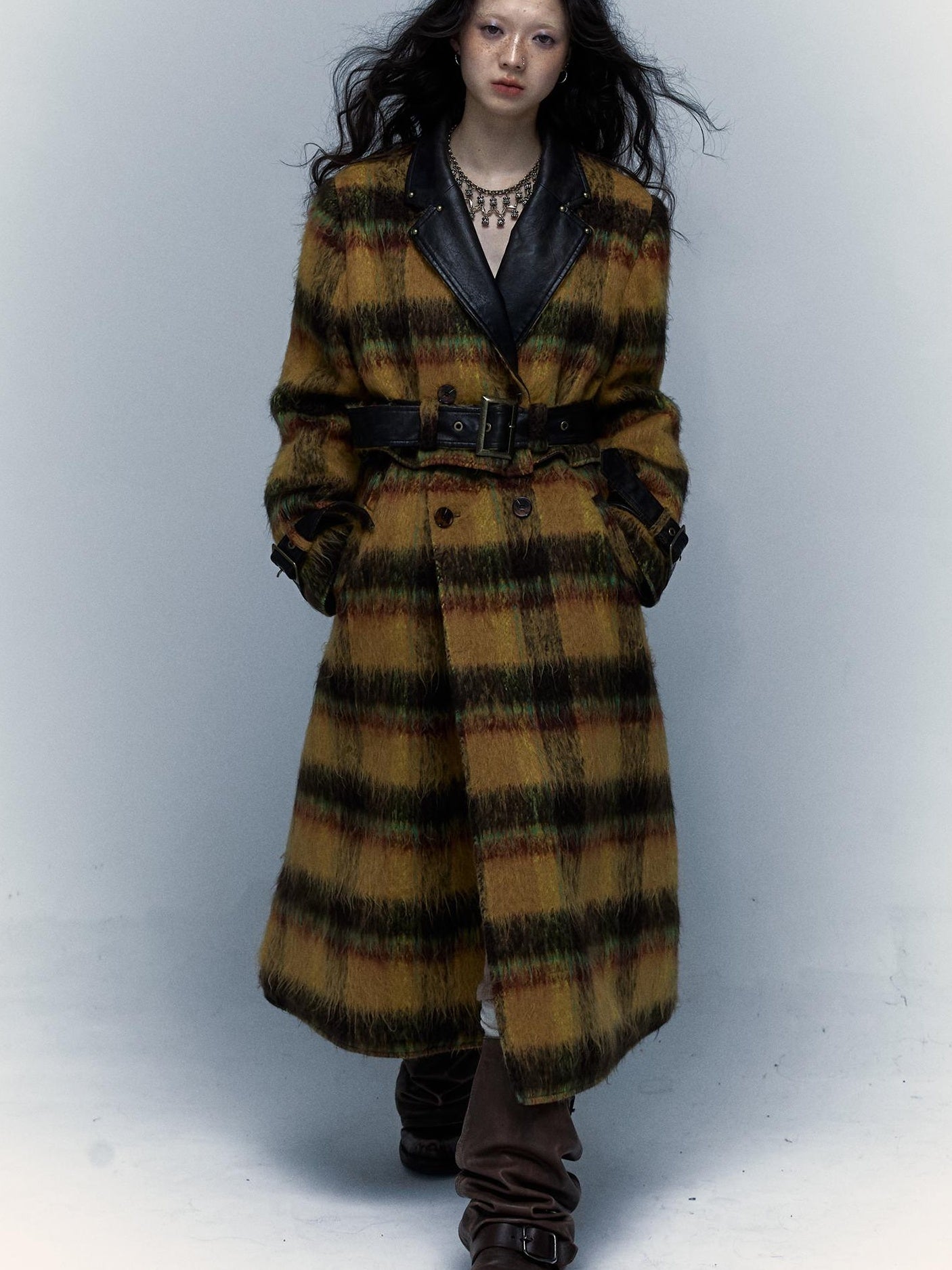 Vintage Reversible Plaid Leather Coat Long Wool Trench Coat