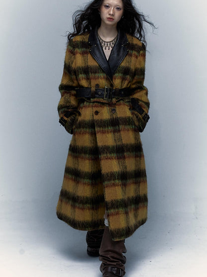 Vintage Reversible Plaid Leather Coat Long Wool Trench Coat