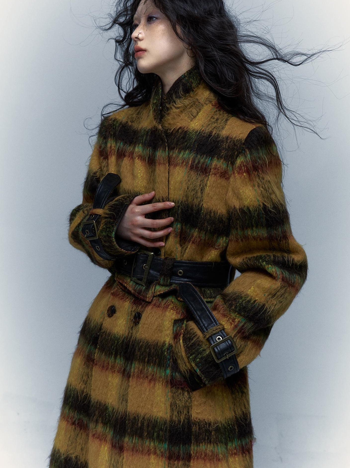 Vintage Reversible Plaid Leather Coat Long Wool Trench Coat