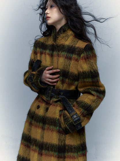 Vintage Reversible Plaid Leather Coat Long Wool Trench Coat
