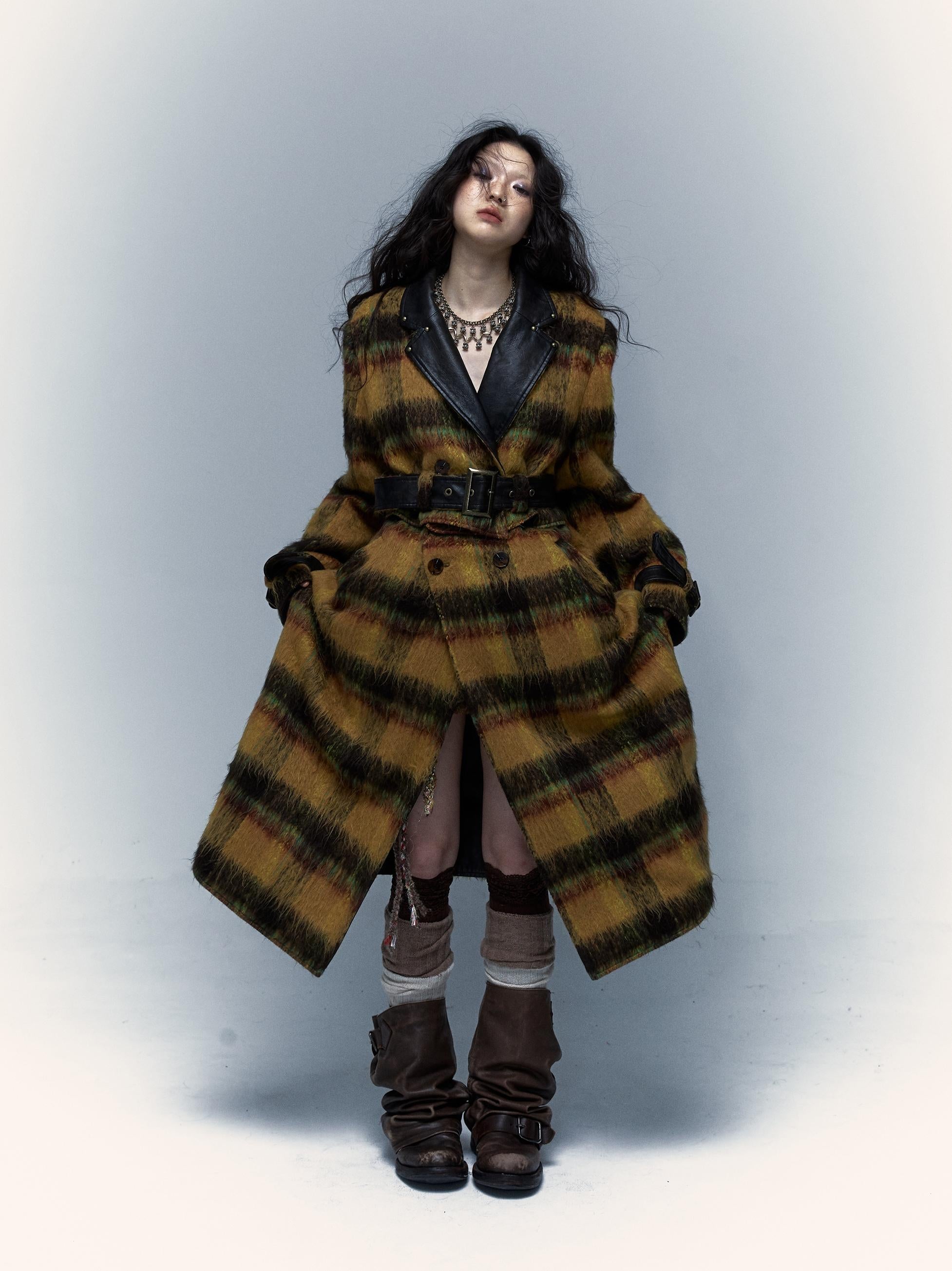 Vintage Reversible Plaid Leather Coat Long Wool Trench Coat