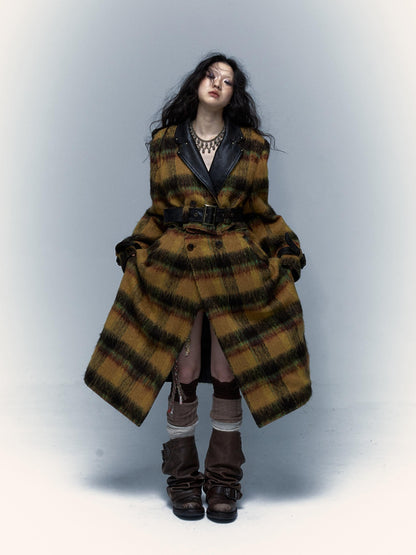 Vintage Reversible Plaid Leather Coat Long Wool Trench Coat