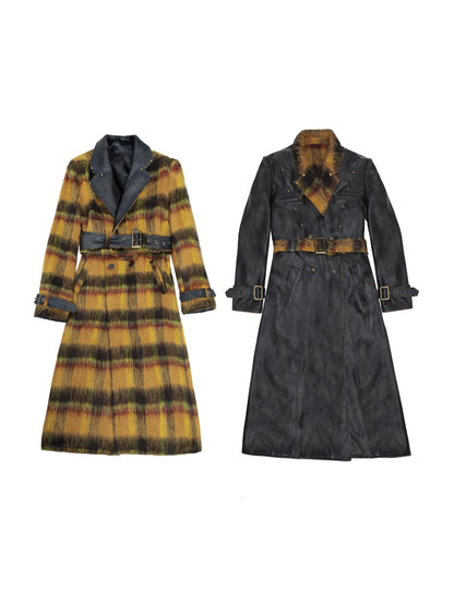 Vintage Reversible Plaid Leather Coat Long Wool Trench Coat