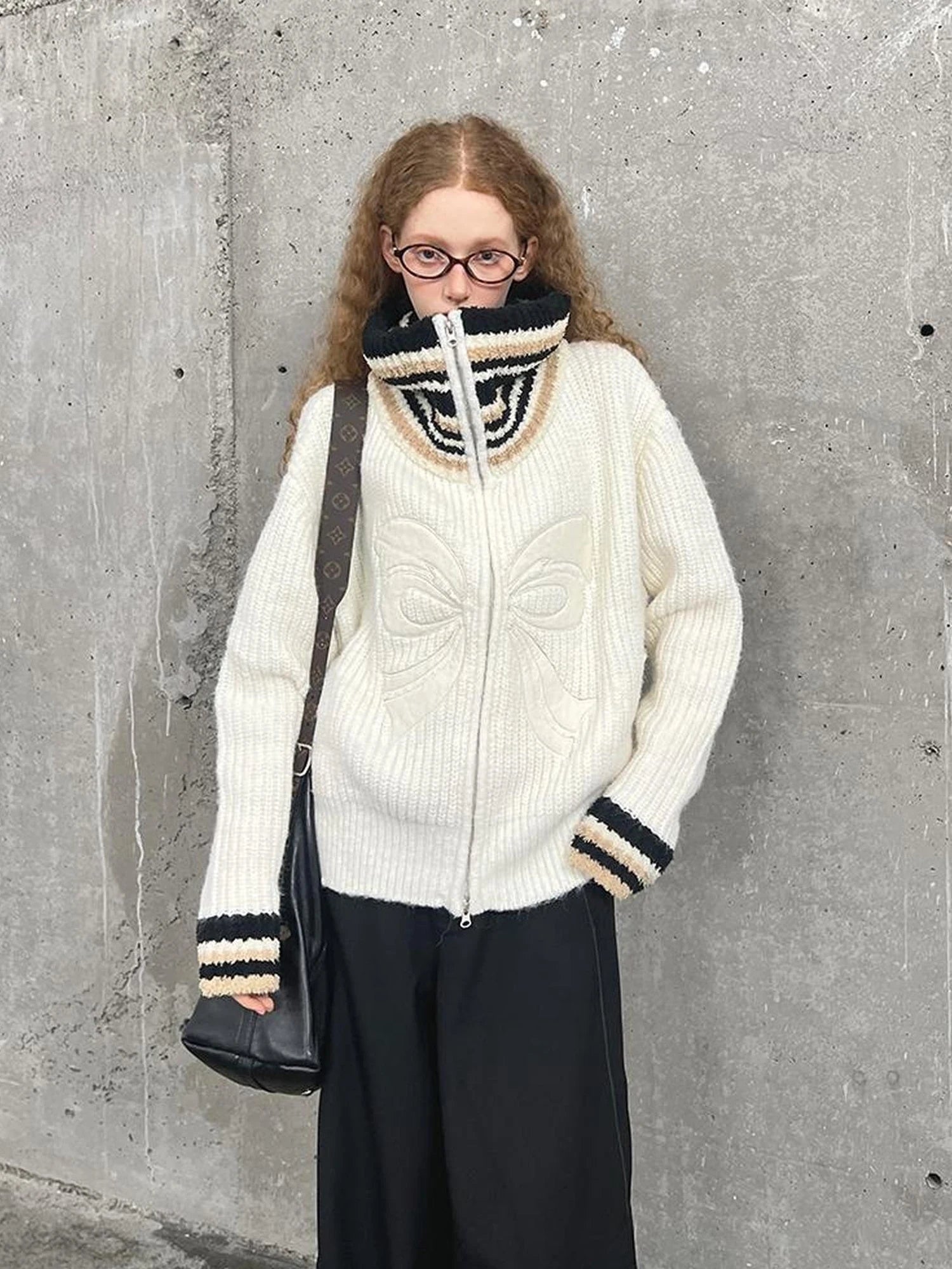 Vintage Ribbon Knot High Neck Knit Cardigan