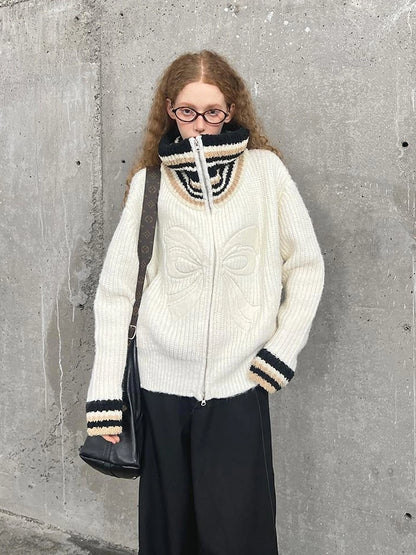 Vintage Ribbon Knot High Neck Knit Cardigan