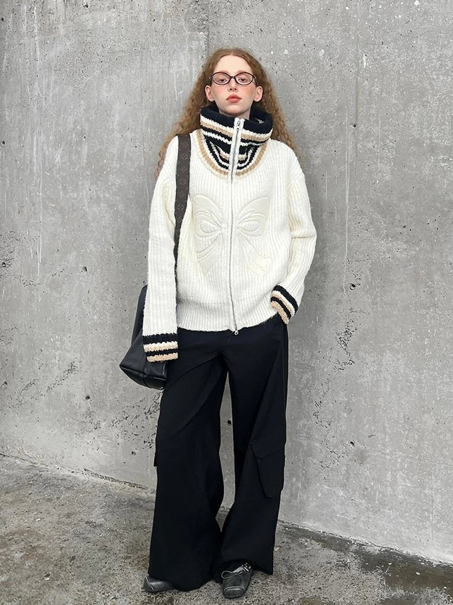 Vintage Ribbon Knot High Neck Knit Cardigan