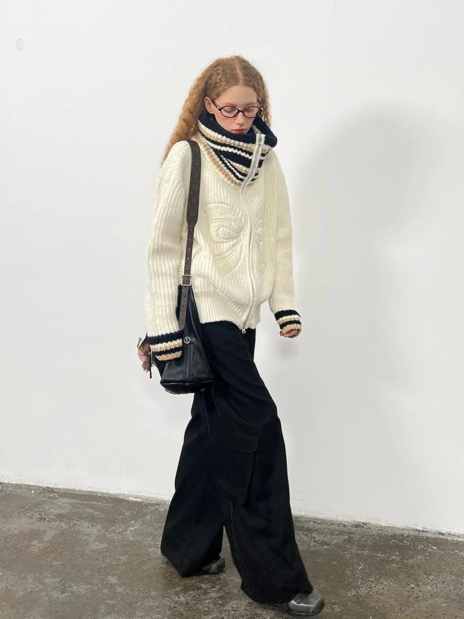 Vintage Ribbon Knot High Neck Knit Cardigan