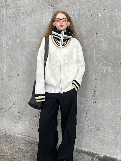 Vintage Ribbon Knot High Neck Knit Cardigan