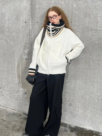 Vintage Ribbon Knot High Neck Knit Cardigan