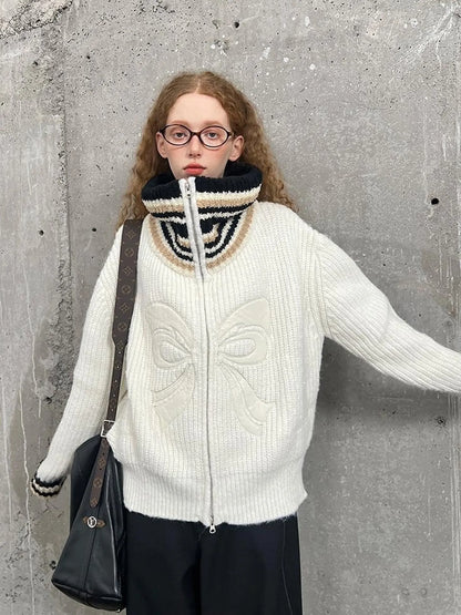 Vintage Ribbon Knot High Neck Knit Cardigan