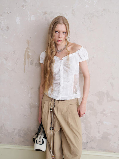 DIDDI MODA Vintage Romantic Lace Trim Cotton Blouse
