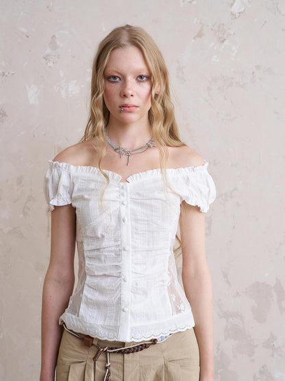 DIDDI MODA Vintage Romantic Lace Trim Cotton Blouse