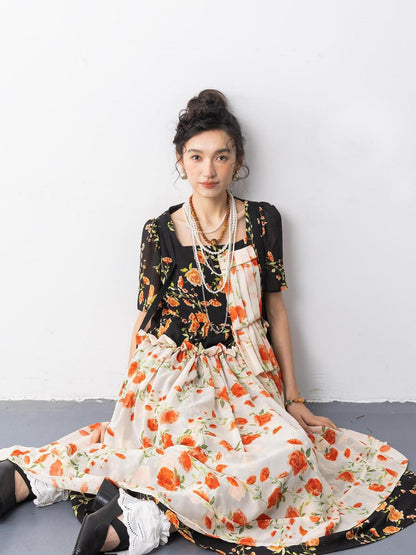 Sweet Mi Vintage Rose Chiffon Mini Dress
