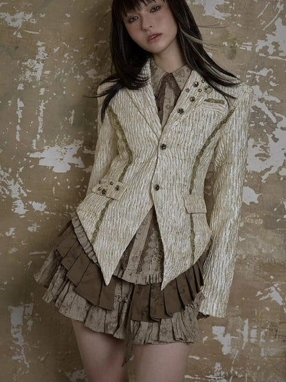 Vintage Royal Short Satin Blazer With 3D Buttons Jacket