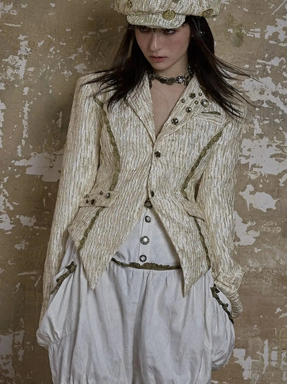 Vintage Royal Short Satin Blazer With 3D Buttons Jacket