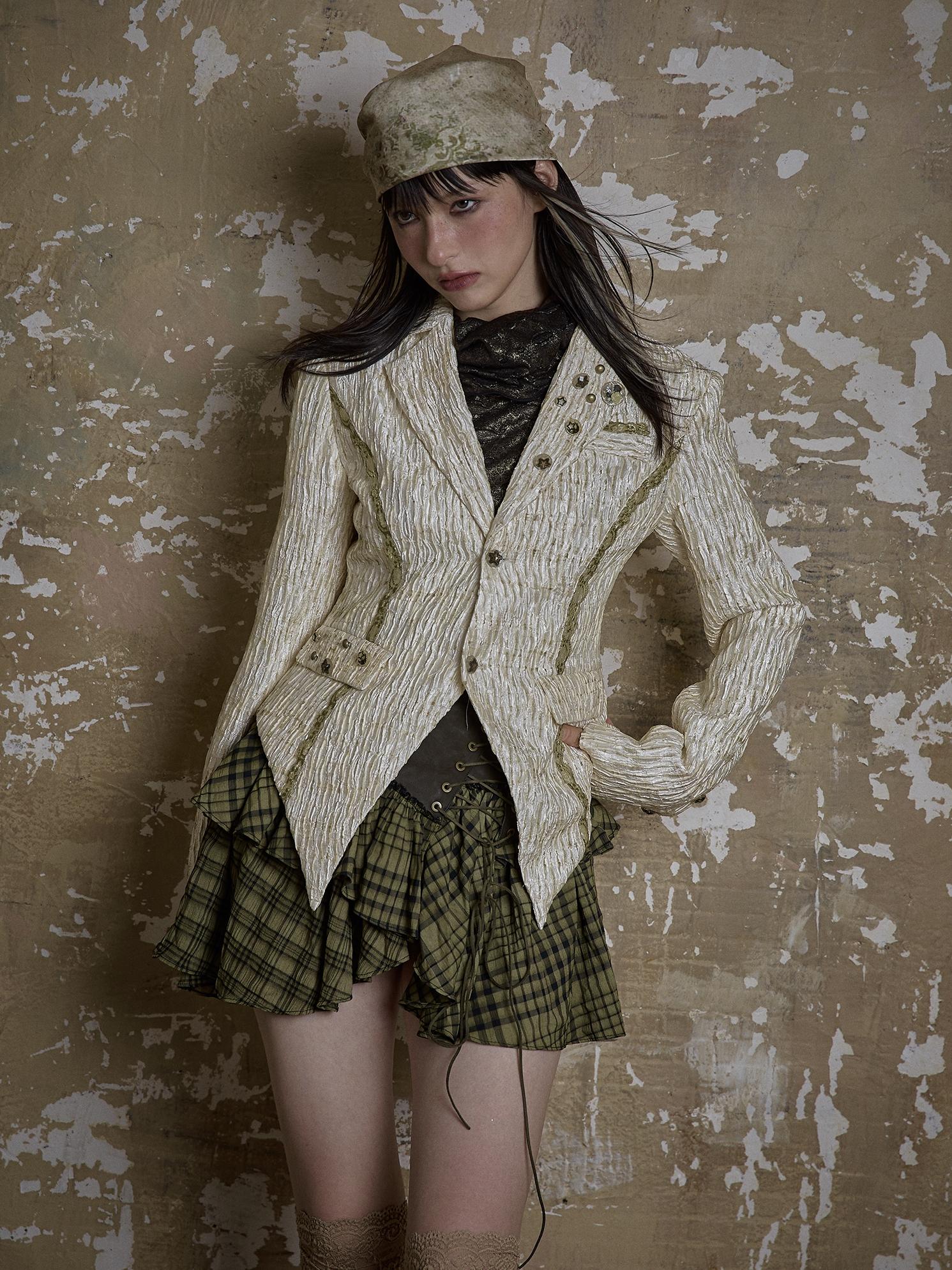 Vintage Royal Short Satin Blazer with 3D Buttons Jacket