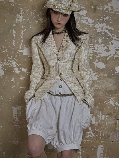 Vintage Royal Short Satin Blazer with 3D Buttons Jacket