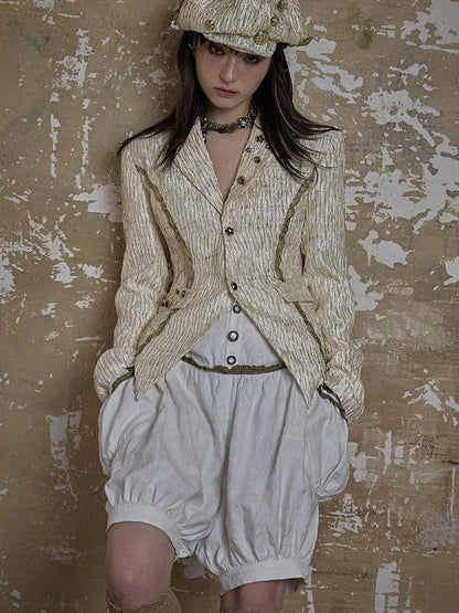 Vintage Royal Short Satin Blazer With 3D Buttons Jacket