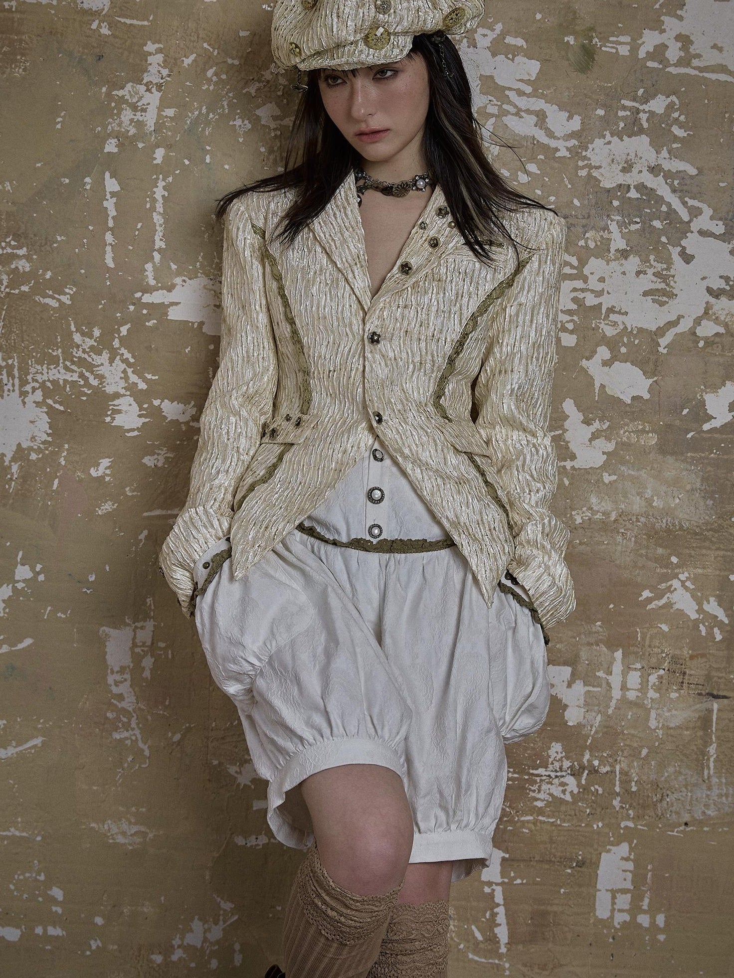 Vintage Royal Short Satin Blazer with 3D Buttons Jacket