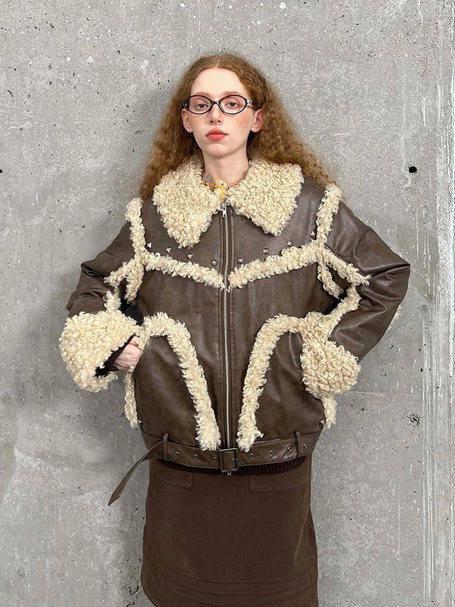 Vintage Shearling Studded Pu Leather Jacket
