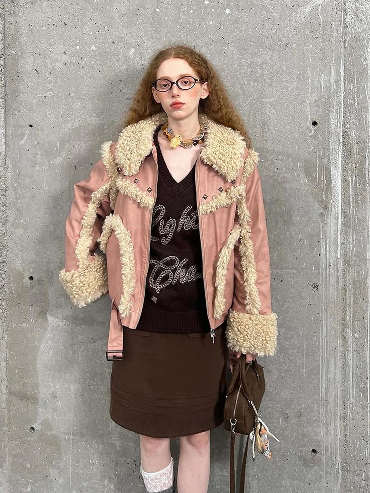 Vintage Shearling Studded Pu Leather Jacket