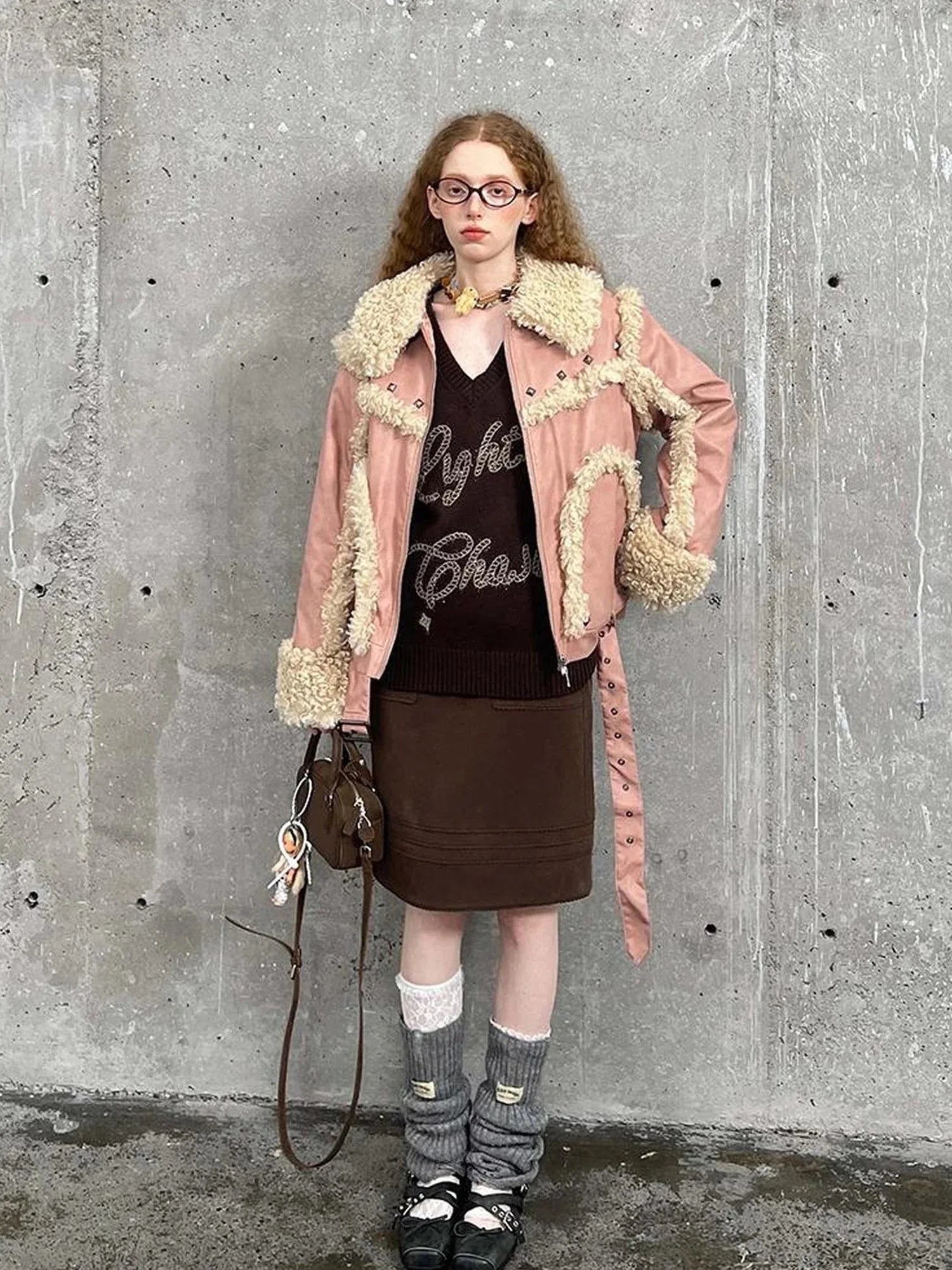 Vintage Shearling Studded Pu Leather Jacket