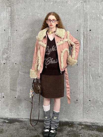 Vintage Shearling Studded Pu Leather Jacket