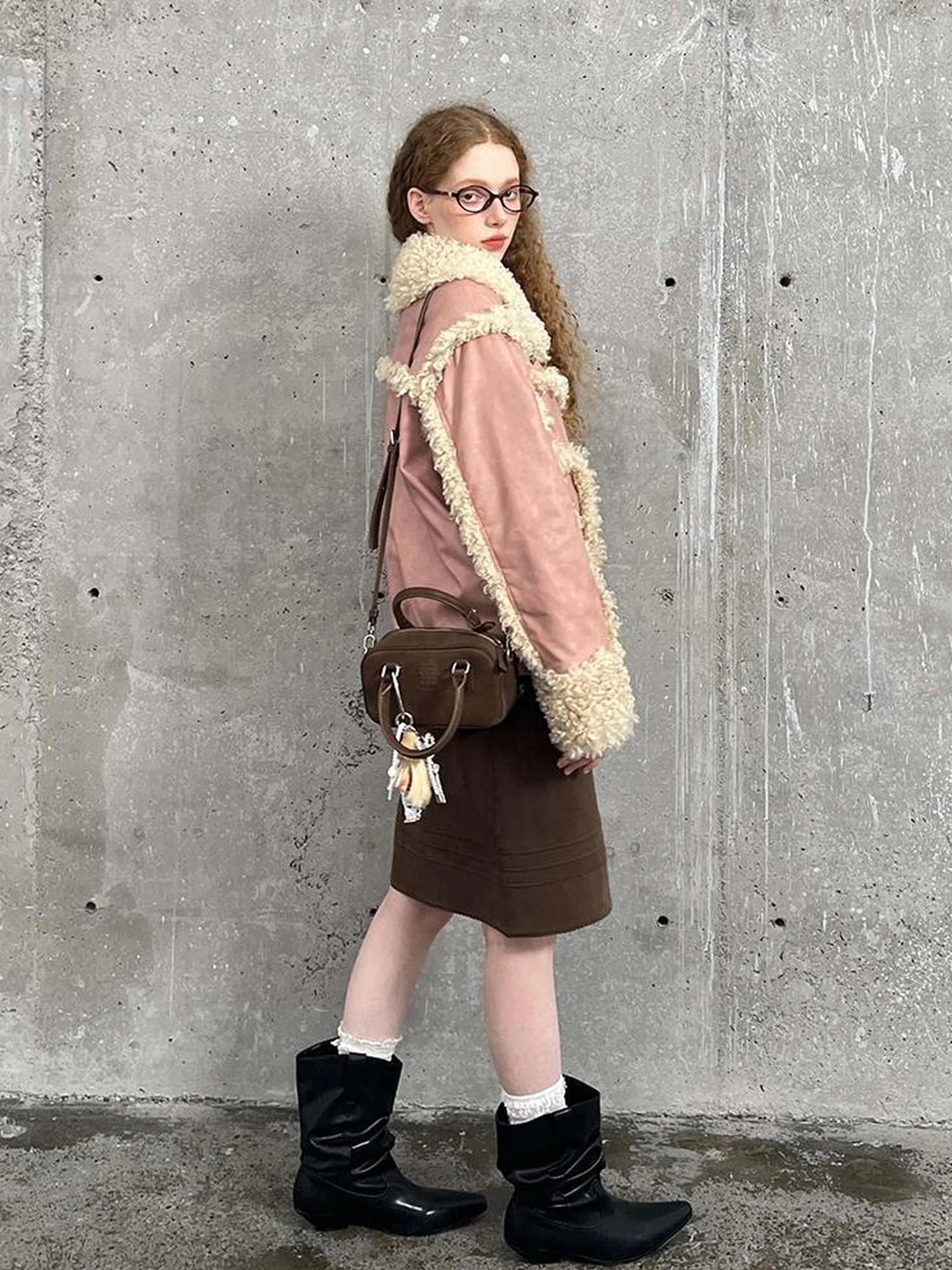 Vintage Shearling Studded Pu Leather Jacket