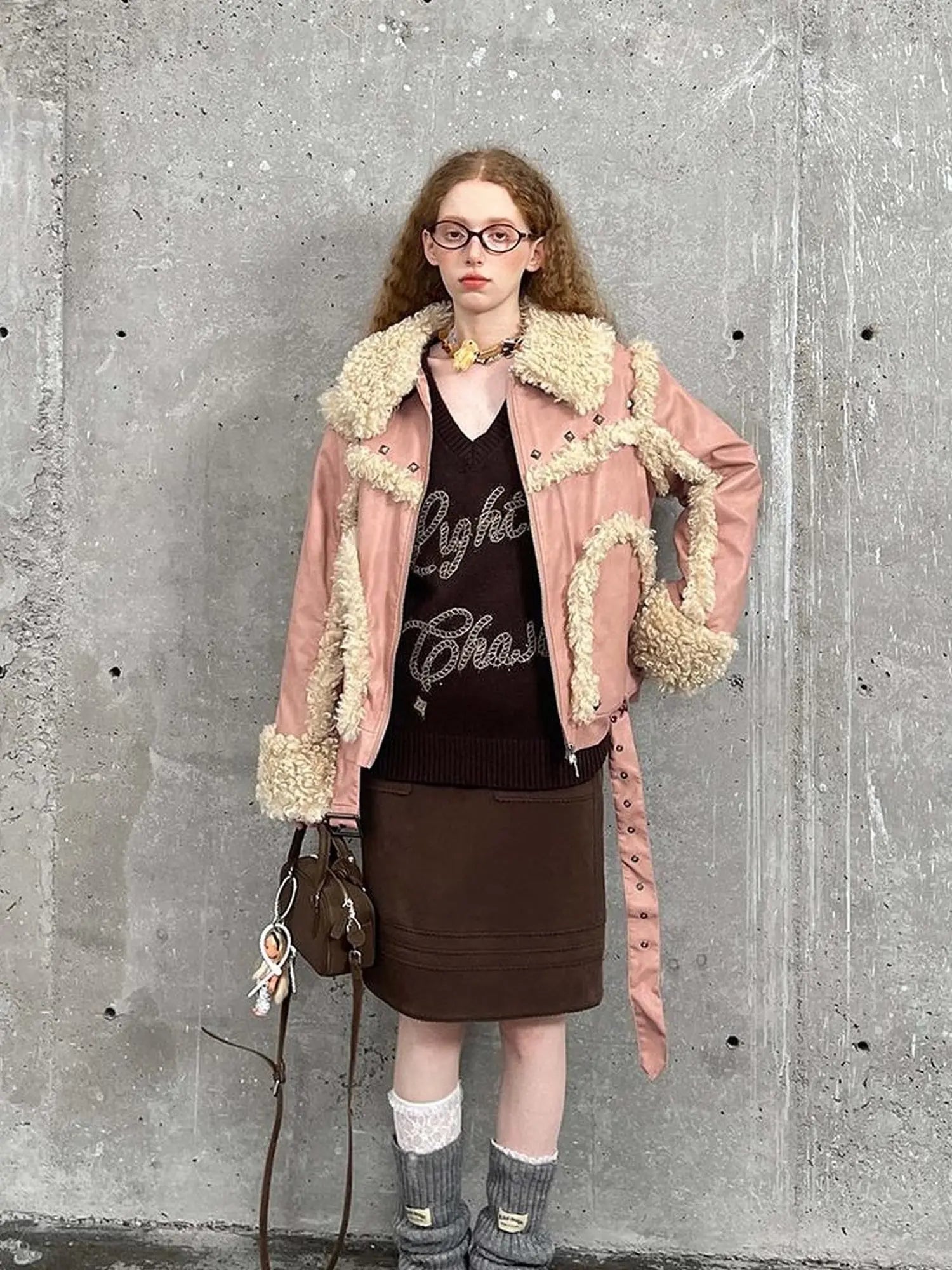 Vintage Shearling Studded Pu Leather Jacket