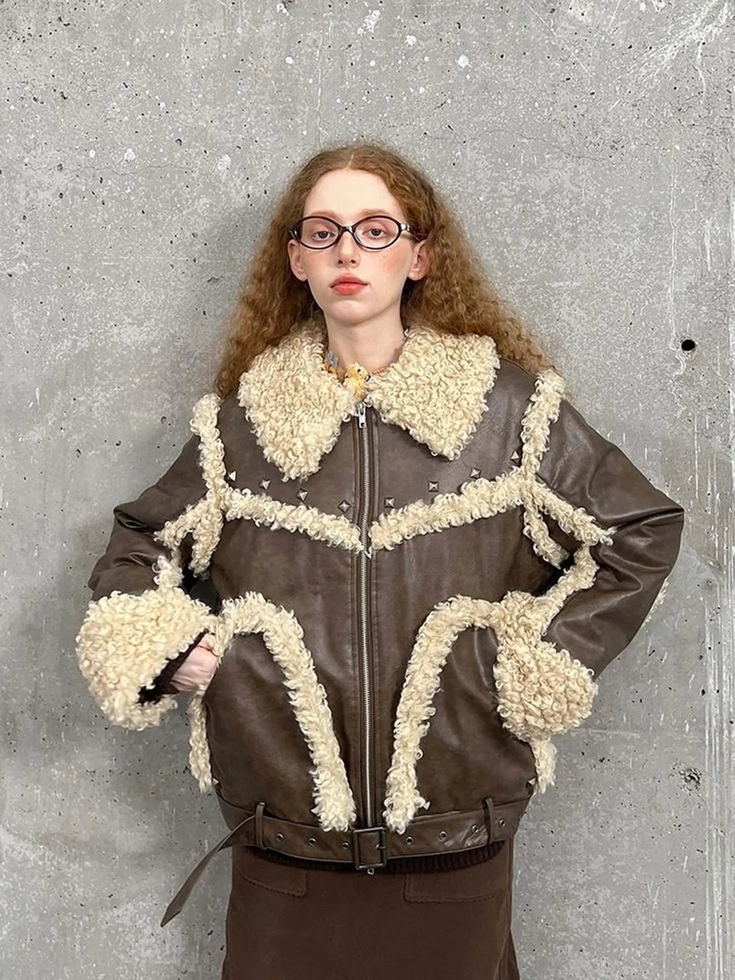 Vintage Shearling Studded Pu Leather Jacket