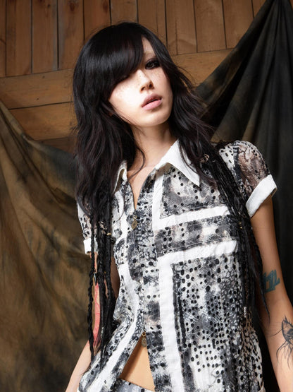 ARIADNAw Vintage Sheer Cross Chiffon Backless Blouse